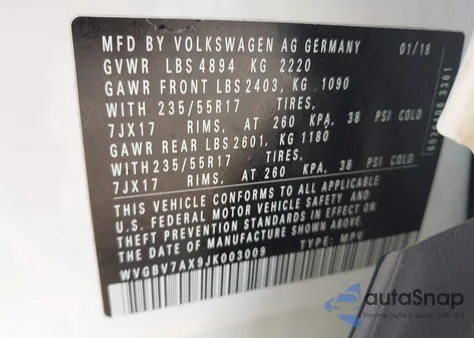 2018 Volkswagen Tiguan Limited 2.0T z USA, uszkodzony, nr VIN WVGBV7AX9JK003009